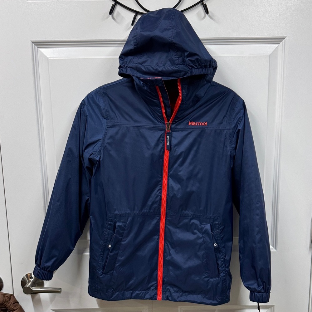 Marmot Kids Raincoat in Navy with Red Zipper